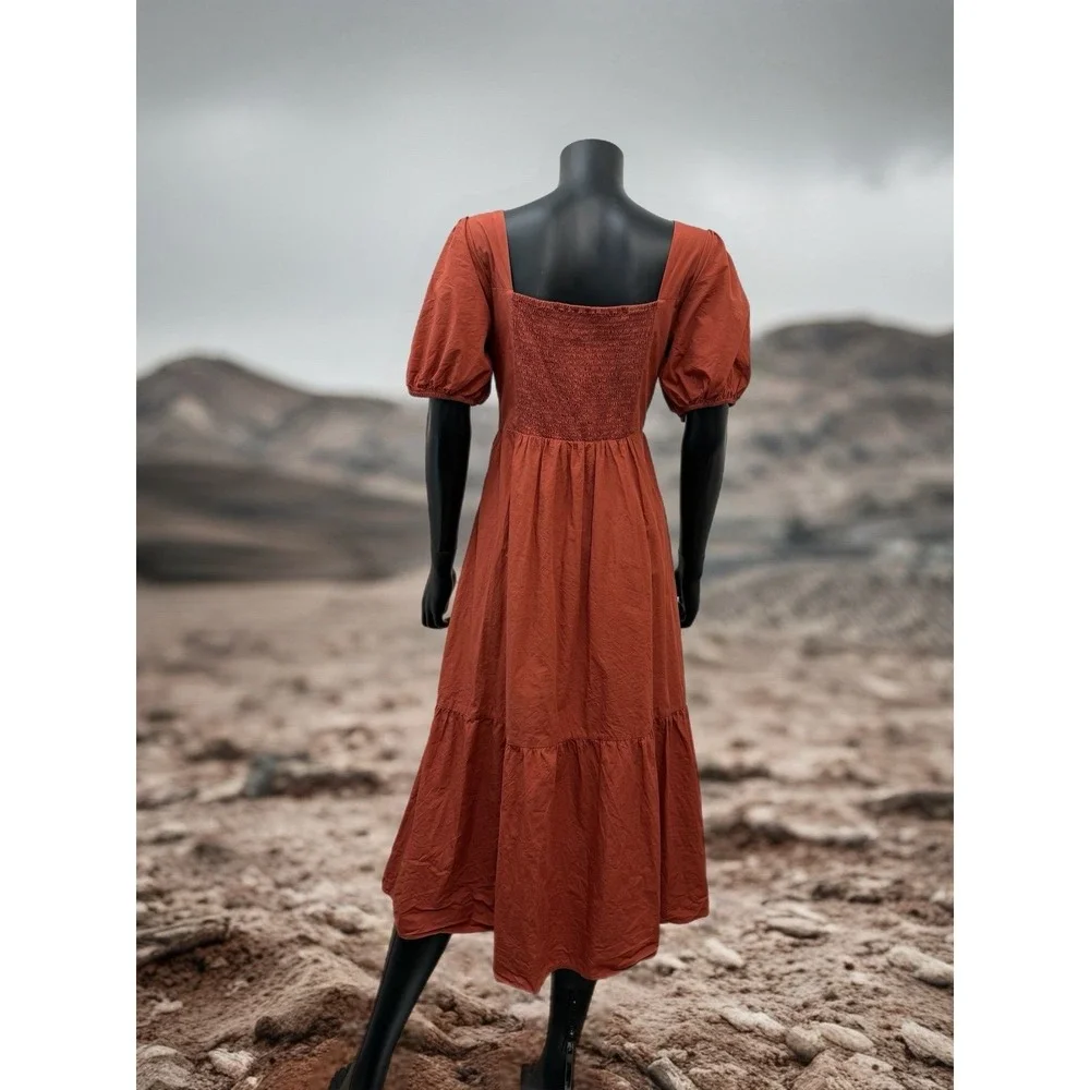 ASTR The Label Brick Puff Sleeve Midi Dress‎ Square Neck Tiered Skirt Size L